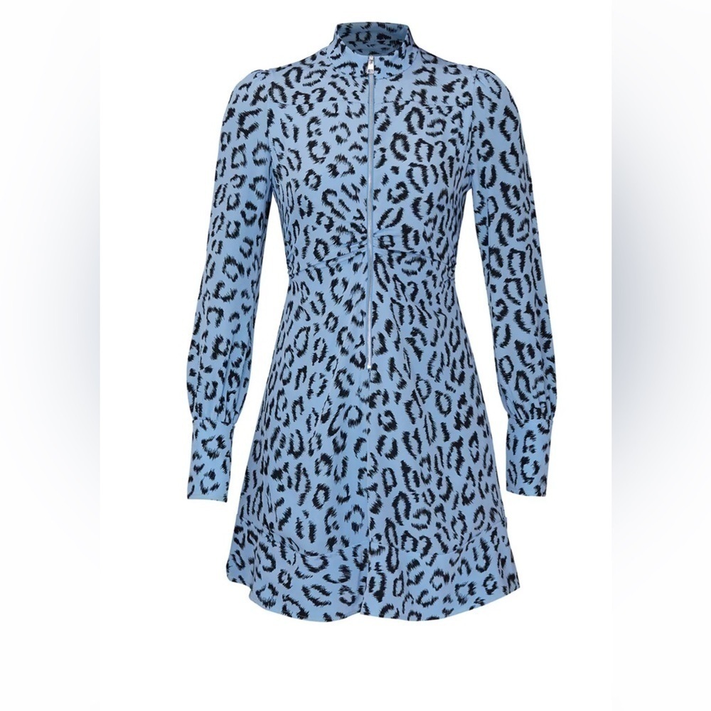 A.L.C. Dress Leopard Blue Mini Size 6 Zip Front 100% Silk Long Sleeve Lined